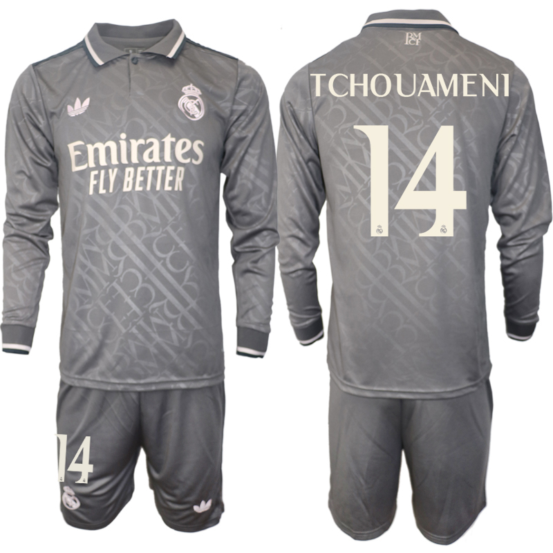 Men 2024-2025 Club Real Madrid away Long Sleeves Grey #14 Soccer Jersey->real madrid jersey->Soccer Club Jersey
